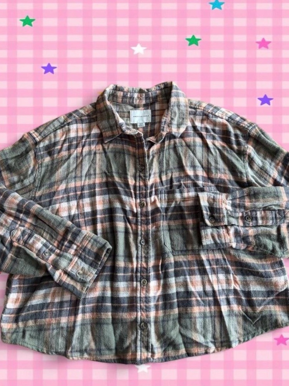 American Eagle Outfitters Plaid Button-Up in gray & peach/pink